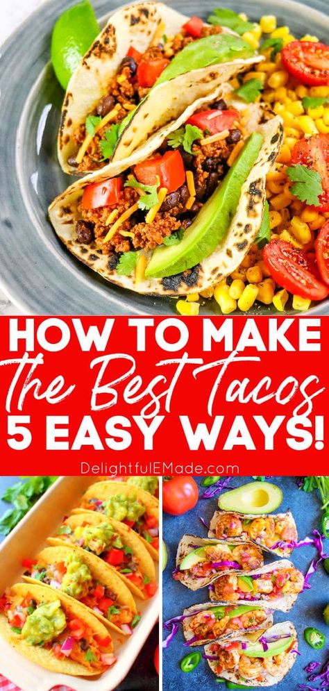 Wondering how to make tacos from scratch? Wondering how do you make tacos? I’ve got 5 super easy taco recipes that can be adapted multiple ways, given the ingredients that you already have at home. These taco recipes can be done in 15 minutes or less! || Delightful E Made Best Taco Meat Recipe, Salmon Tacos Recipe, Easy Taco Salad Recipe, Indian Tacos, Easy Taco Recipes, Quick Pasta Recipes, How To Make Taco, Taco Salad Recipes, Taco Ingredients