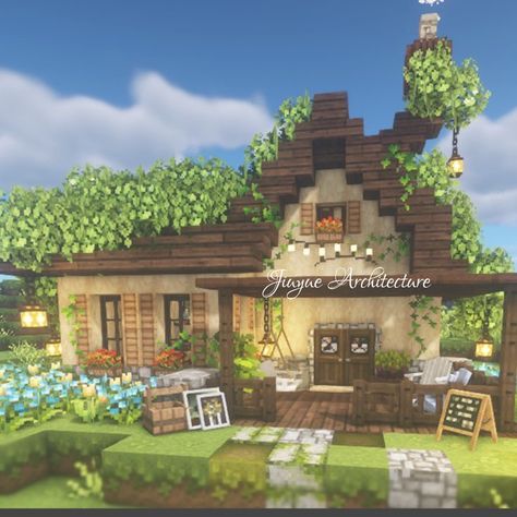 Minecraft Cottagecore Cafe, How To Build House In Minecraft, Cute Minecraft Houses Aesthetic, Cute Minecraft Homes, Minecraft Cafe Build, Cute Minecraft Houses Cottage, Cafe Cottagecore, Minecraft Cottage Tutorial, Minecraft Beautiful House