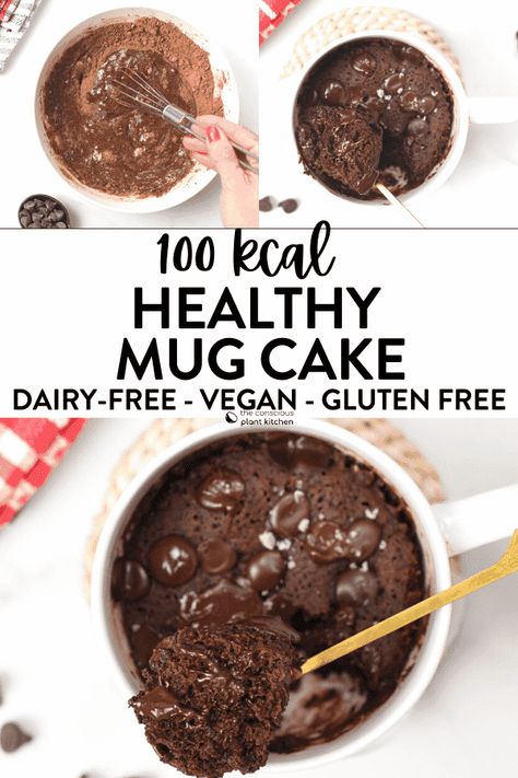 This Healthy Mug Cake is a single serve chocolate cake with only 106 kcal per serve for a quick and easy snack. Plus, this delicious healthy chocolate mug cake is also 100% egg-free, dairy-free and sugar-free. Single Serving Desserts Healthy, Gf Chocolate Mug Cake, Healthy Single Serve Dinner Ideas, Mug Cake Microwave Healthy 100 Calories, Dairy Free Mug Desserts, Quick Healthy Chocolate Snacks, Healthy Dessert Recipes Single Serve, Healthy Chocolate Mug Cake Microwave, Healthy Breakfast Mug Cake