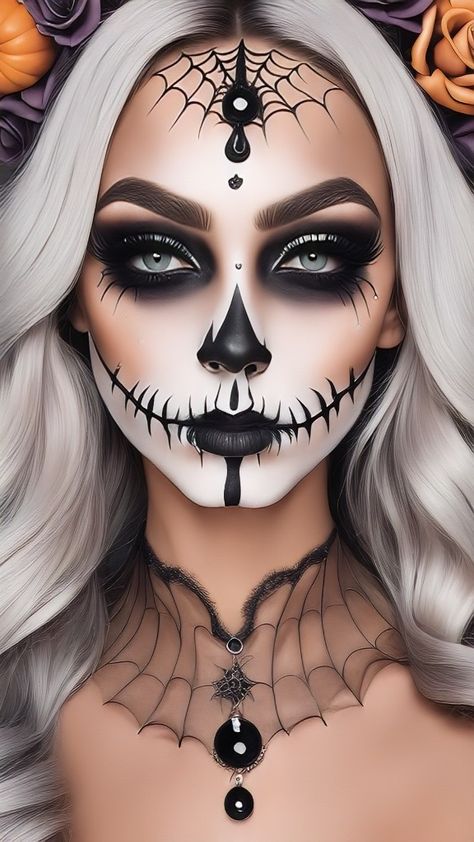 Black And White Sugar Skull Makeup, Pretty Skeleton Makeup Halloween, Half Dia De Los Muertos Makeup Ideas, Katrina Makeup La Catrina, Skull Makeup Women, Day Of The Dead Make Up, Cute Skull Makeup, Dia De Los Muertos Makeup Ideas, Glam Skull Makeup