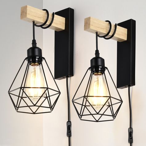 The plug in wall sconces built with durable metal and elegant design, the natural wooden color mix black add a vintage mood to your home decor atmosphere. Wall Sconces Farmhouse, Farmhouse Wall Sconces, Black Wall Lights, Plug In Wall Lights, Industrial Wall Lamp, Black Light Fixture, Black Wall Lamps, Modern Wall Lamp, Wall Lamps Bedroom