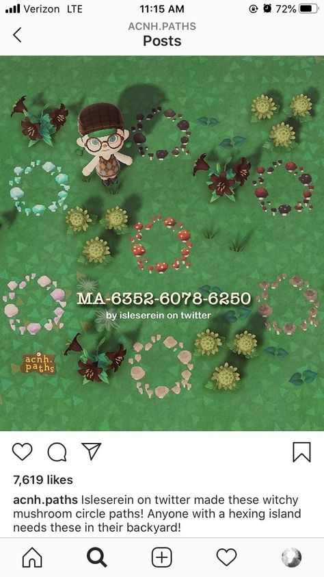 Acnh Circle Design, Mushroom Core Animal Crossing, Acnh Moss Path Design, Mushroom Animal Crossing Code, Witchcore Acnh Island, Mushroom Design Codes Acnh, Goblincore Acnh Codes, Acnh Island Inspo Fairycore, Swampcore Acnh Codes