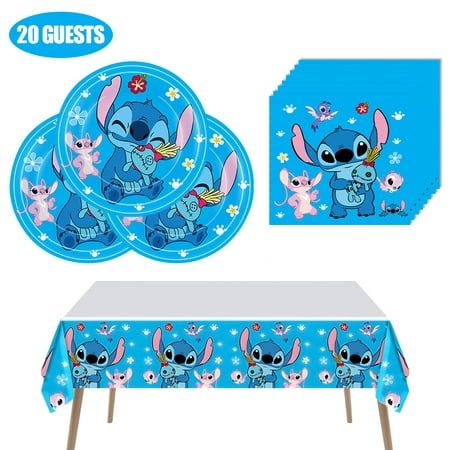 Join Lilo and Stitch to have a wonderful birthday party for your child! The Lilo Stitch cartoon themed party tableware set can be used by 20 guests. The birthday paper plate is made of high-quality thick paper with transparent printing and clear patterns. The disposable tablecover is made of plastic, sturdy, waterproof, oil proof, not easy to break and fade, can be applied for a long time. Lilo Stitch is popular among children and is suitable for most activities such as Stitch themed parties, di Lilo And Stitch Birthday Party Ideas, Stitch Themed Birthday Party, Stitch Birthday Party Decorations, Stitch Birthday Party Ideas, Lilo And Stitch Theme, Stitch Bday, Stitch Birthday Party, 9th Birthday Cake, Stitch Party