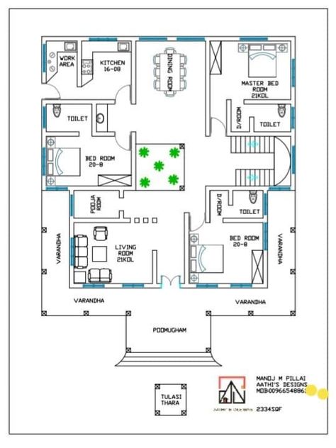 Simple 3 Bedroom Design 1254 B E4F Thotti Mane, Courtyard Houses, Budget House Plans, Single Storey House Plans, 2bhk House Plan, Three Bedroom House Plan, Pelan Rumah, Modern House Floor Plans, Bungalow Floor Plans