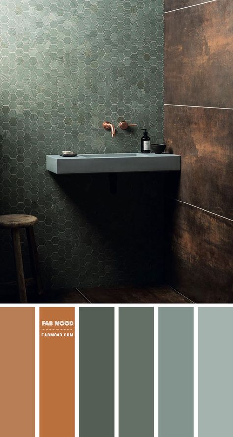 Gorgeous combinations of earthy colors + textures and tones. We love these hexagon tile shaped from Mandarin Stone in different shades of green. Earthy green hues provide... Color Palette For Bathroom, Casa Rock, Earthy Bathroom, Green Color Palette, Copper Bathroom, Bathroom Color Schemes, Bathroom Color, Green Colour Palette, Green Bathroom