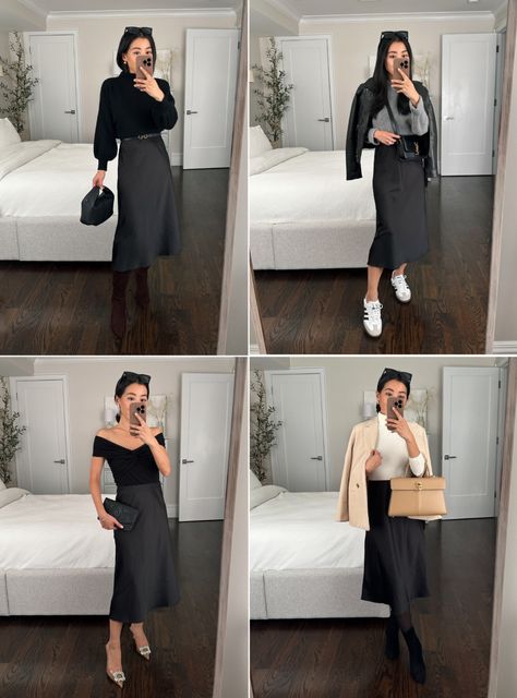 How to style a slip skirt in Petite Fall winter outfits Slip Skirt Outfit Winter, Silk Skirt Outfit Winter, Slip Skirt Outfit Fall, Silk Skirt Outfit Fall, Black Slip Skirt Outfit, Petite Outfits Fall, How To Style A Slip Dress, Slip Skirt Outfit, Silk Skirt Outfit