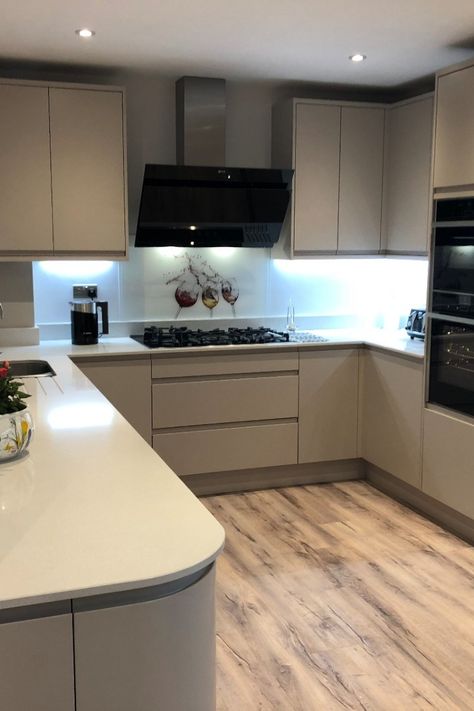 What a gorgeous makeover. A new sleek sophisticated kitchen with a striking splashback! 😍😍

PWS Distributors Remo Matt Cashmere doors from Second Nature Kitchens with Character Graphite feature units. Quartzforms UK White worktops and NEFF appliances. Gloss Cashmere Kitchen, Cashmere Kitchen Cupboards, Modern Uk Kitchen, Cashmere Kitchen Units, Cashmere Gloss Kitchen Colour Scheme, Cashmere Matt Kitchen, Cashmere Colour Kitchen, Wren Cashmere Kitchen, Small Uk Kitchen