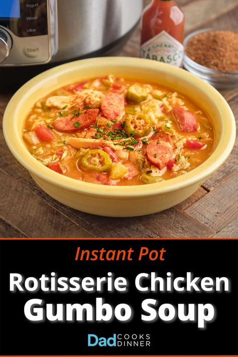 Instant Pot Rotisserie Chicken Gumbo Soup. A taste of New Orleans from the pressure cooker, with homemade broth from a store-bought rotisserie chicken. #InstantPot #InstantPotRecipe #PressureCooker #PressureCookerRecipe @InstantPotOfficial Chicken Gumbo Soup Recipe, Gumbo Soup Recipe, Instant Pot Rotisserie Chicken, Chicken Gumbo Soup, Andouille Sausage Gumbo, Homemade Broth, Gumbo Soup, Sausage Recipes For Dinner, Chicken Gumbo