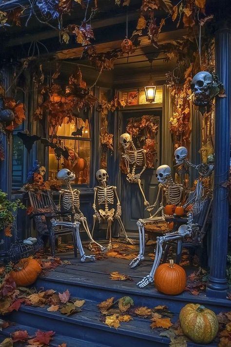 "Turn your porch into a bone-chilling scene with DIY Skeleton Decor! 💀🎃 Perfect for a spooky Halloween welcome. #SkeletonDecorDIY #SpookyPorchDecor #HalloweenInspiration" Deck Halloween Decorations, Halloween Lanterns Outdoor, Classic Outdoor Halloween Decorations, Decorate Porch For Halloween, Outdoor Halloween Decorations Porch, Halloween Home Decor Outdoor, Exterior Halloween Decorations, Skeleton Decorations Outdoor, Halloween Patio Decor