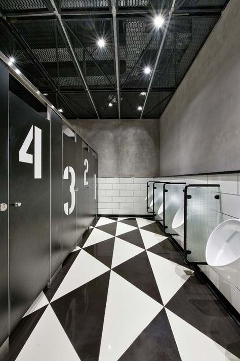 Alex Choi, Tiny Powder Rooms, Industrial Toilets, Toilette Design, Wc Design, Powder Room Wallpaper, Public Toilet, Restroom Design, Gym Interior