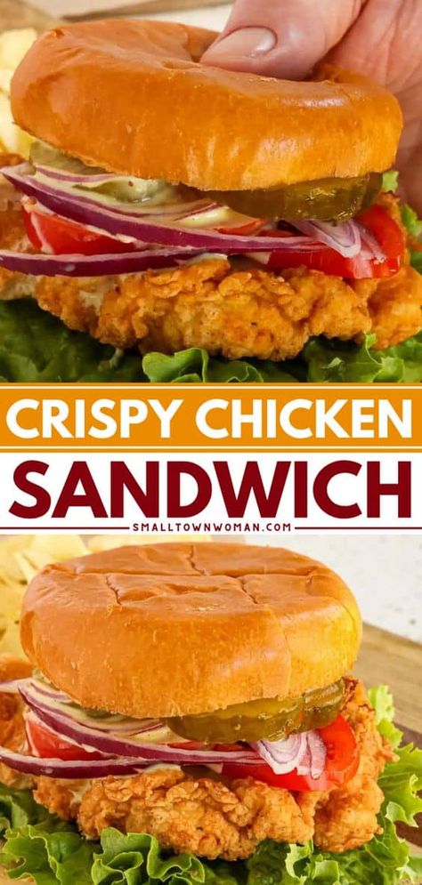 A quick lunch recipe or family dinner idea in just 30 minutes! It features fried chicken breast. Piled atop brioche buns with fixings, this Crispy Chicken Sandwich will rival any Popeyes, Chick-Fil-A, or other restaurants! Chicken Breast Sandwich Recipes, Homemade Chicken Sandwich, Easy Chicken Sandwich, Chicken Breast Sandwich, Crispy Chicken Sandwich, Baked Breaded Chicken, Chicken Delight, Easy Fried Chicken, Crispy Chicken Breast