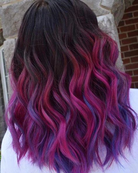 Brown Purple Pink Ombre Hair, Balayage Bright Colors, Cute Hair Colors For Short Hair Highlights, Vivid Balayage Brunette, Brown Magenta Hair, Colorful Bayalage Hair, Pink Vivid Hair, Vibrant Hair Color Ideas Brunettes, Pink And Purple Highlights In Brown Hair