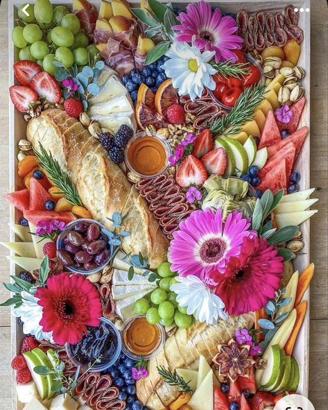 Retro Charcuterie Board, Charcuterie Board Colorful, Flowers On Charcuterie Board, Bright Charcuterie Board, Floral Cheese Board, Charcuterie Board Floral, Two Groovy Charcuterie Board, Fairy Garden Charcuterie Board, Fairy Themed Charcuterie Board