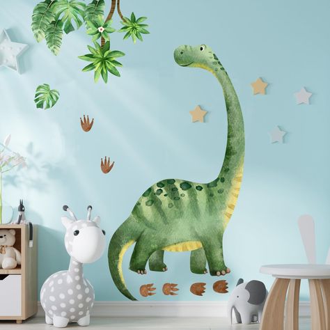 PRICES MAY VARY. GIANT DINOSAUR WALL DECALS - You will receive 3 sheets vinyl dino wall stickers with footprint, tropical palm leaves. Finished dinosaur size 54.7 x 69.3 inches, palm leaves size 6 x 6 inches, footprint size 3.2 x 2.8 inches. These sizes are enough to cover the wall, ensuring a eye-catching and impressive display. UNIQUE NATURE DESIGN - These dinosaur wall decals are including green nature theme and footprint designed by forest style which are so cute and attractive. Great focal Dinosaur Wall Decals, Large Wall Decals, Dinosaur Wallpaper, Toddler Classroom, Dinosaur Wall Stickers, Toddler Boys Room, Dinosaur Nursery, Baby Dino, Deco Stickers