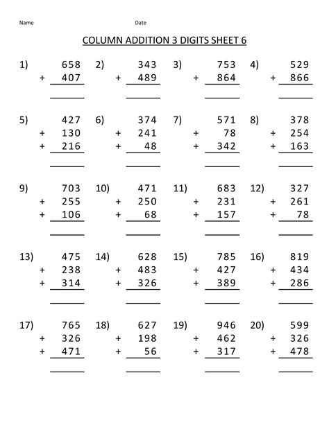 Free Math 3 Digits Column Addition Sheets 1 | Learning Printable Math Multiplication Worksheets, Third Grade Math Worksheets, Mental Maths, Math Fact Worksheets, Math Addition Worksheets, Math Practice Worksheets, Worksheets For Grade 3, Free Printable Math Worksheets, 4th Grade Math Worksheets