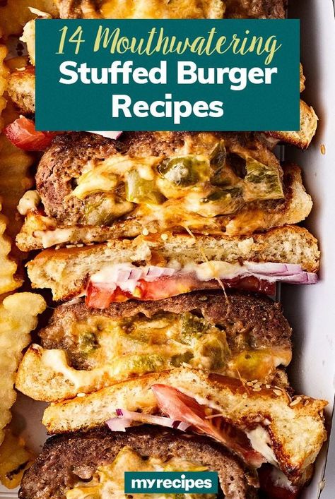 Looking for dinner ideas? Try grilling these stuffed hamburgers. From jalapeno popper stuffed burgers to pizza stuffed brugers to pimento cheese stuffed burgers, these hamburgers are easy grilling recipes, cookout food, potluck food, picnic food, or barbecue food. #dinnerideas #dinnerrecipes #dinnerdishes #familydinnerideas #supper #supperideas Loaded Burgers Patties, Stuffed Cheeseburger Recipes, Stuffed Burger Recipes Grill, Best Stuffed Burger Recipes, Stuffed Burger Ideas, Stuffed Burgers In Oven, Stuffed Burgers Recipes, Stuffed Burgers On Grill, Stuffed Hamburger Recipes