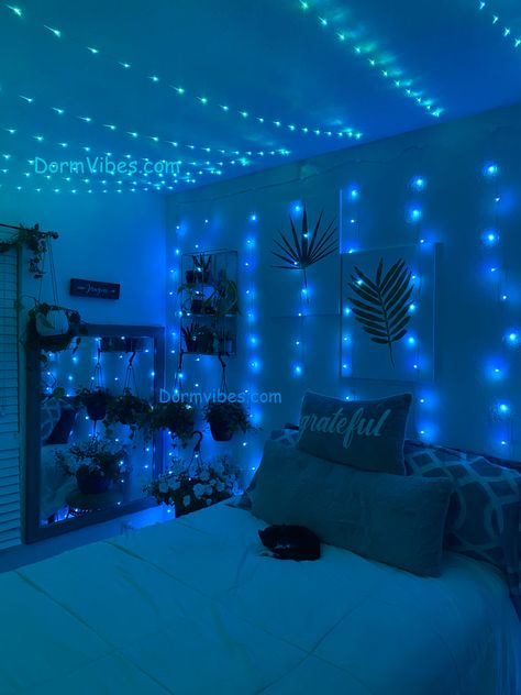 Blue Room With Led Lights, Cute Bedroom Ideas For Small Rooms Cozy Blue, Ocean Blue Themed Bedroom, Neon Blue Bedroom Aesthetic, Blue Bedroom Theme Ideas, Blue Themed Bedroom Room Ideas, Blue Room Ideas Bedroom Small Spaces, Cute Room Wall Colors, Neon Blue Room Aesthetic