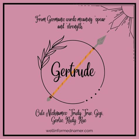 Gertrude: From Germanic words meaning "spear" and "strength;" Cute nicknames: Trudy, True, Gigi, Gertie, Rudy, Rue. Wanda Name Meaning, Linda Name Meaning, Arthur Name Meaning, Nadia Name Meaning, Gwendolyn Name Meaning, Name Profile, Popular Baby Names, Cute Nicknames, Baby Names And Meanings