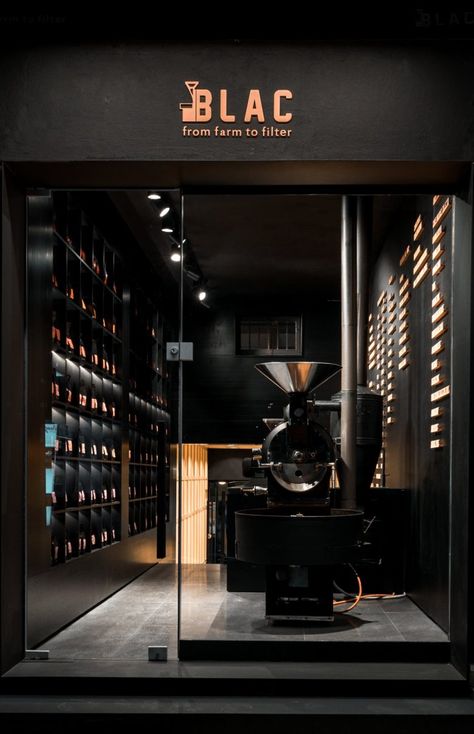 » BLAC Coffee Tasting Ideas, Black Cafe Interior, Coffee Roastery Design, Roastery Design, Coffee Roasting Room, Luxury Cafe, Wood Cafe, Aesthetic Interior Design, Cafe Black