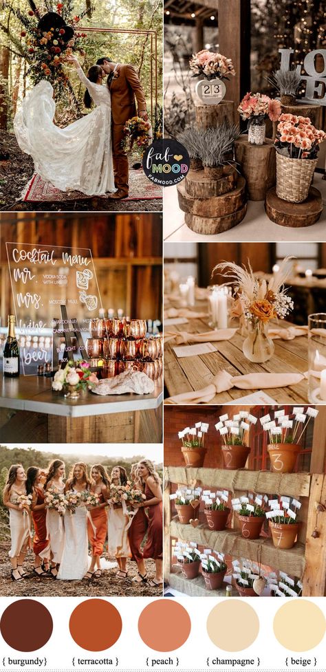 Autumn wedding colors | Fall wedding Palettes Wedding Theme Fall Colors, Rust Brown Color Palette Wedding, Brown Colour Wedding Theme, Terracotta Wedding Colour Palette, Burnt Terracotta Wedding, Copper And Brown Wedding, Rustic Colour Palette Wedding, Champagne And Terracotta Wedding Colors, Terracotta Wedding Colors Palette