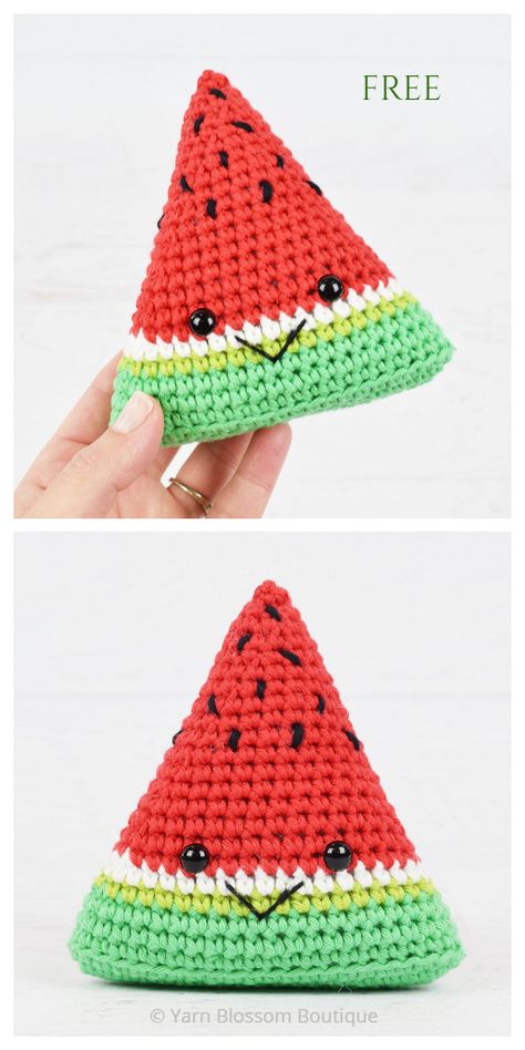 Crochet Watermelon Toy Amigurumi Free Patterns Fruit Donut, Donut Crochet, Crochet Watermelon, Animal Fruit, Crochet Fruit, Watermelon Slice, Watermelon Pattern, Kawaii Crochet, Crochet Amigurumi Free Patterns