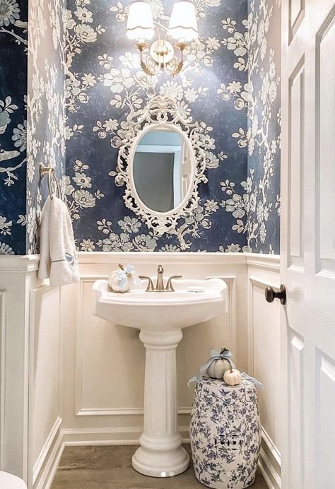 Partial Wallpaper Wall Bedroom, French Country Bathroom Ideas Shabby Chic Cottage Style, Blue French Country Bathroom, Best Powder Rooms, Shabby Chic Powder Room, Small Parisian Bathroom, Powder Room Ideas Blue, Blue And White Powder Room, French Bathroom Design