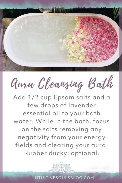 aura cleansing bath directions Aura Cleansing Bath, Spiritual Cleansing Bath, Cleansing Bath, Bath Soak Recipe, Bath Salts Recipe, Bath Salts Diy, Spiritual Bath, Healing Remedies, Bath Recipes