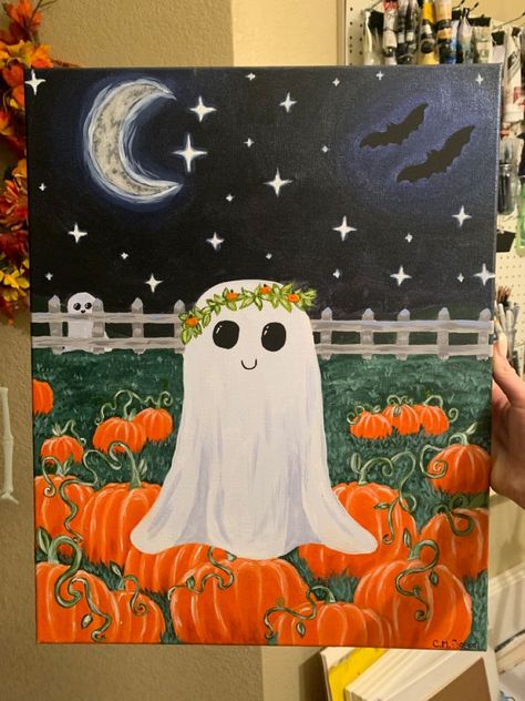 Halloween Canvas Paintings, Halloween Canvas Art, Fall Canvas Painting, Carte Halloween, Paint Nite, Simple Canvas Paintings, Cute Canvas Paintings, Easy Canvas Art, Easy Canvas Painting