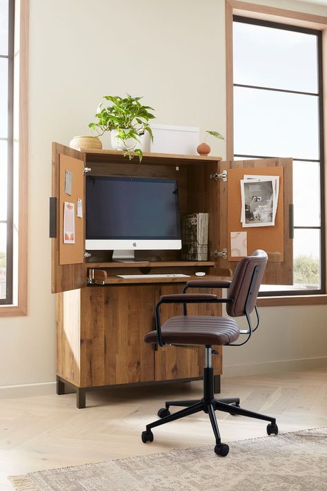 Computer Desk For Small Spaces, Hideaway Desk Work Stations, Compact Desk Ideas, Hidden Desk In Living Room, Hidden Desk Cabinet, Compact Work Desk, Compact Office Space, Hideaway Computer Desk, Computer Desk Living Room