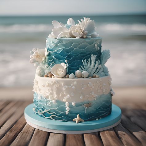 Fancy Wedding Cake Birthday Cake Beach Aesthetic, Wedding Cakes Beach Theme, Sea Themed Wedding Cake, Wedding Cake Ocean Theme, Beachy Wedding Cake, Beach Themed Birthday Cakes, Sea Cake Ideas, Beach Cake Ideas, Ocean Cake Ideas