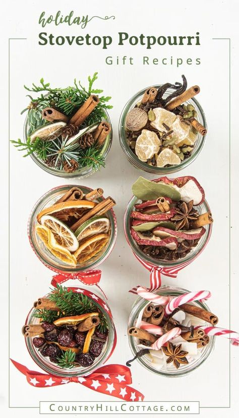 See how to make a DIY stovetop potpourri gift! These simmer potpourris make your house smell like Christmas and dry potpourri recipes are wonderful homemade holiday gift ideas. The tutorial for Christmas potpourri in a jar comes with free printable labels and gift tags for packaging and gifting. DIY Mason jar gifts. Christmas in a jar. Natural air freshener. Aromatherapy potpourri. #holidaygift #diygift #christmas #potpourri #airfreshener #stovetoppotpourri #simmerpot | countryhillcottage.com Potpourri Gift Ideas, Diy Stovetop Potpourri, Homemade Holiday Gift Ideas, Stovetop Potpourri Gift, House Smell Like Christmas, Diy Gifts For Christmas, Holiday Potpourri, Smell Like Christmas, Potpourri Sachets