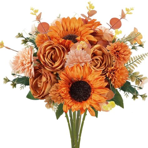 PRICES MAY VARY. Enchanting Combination : Each fall flowers bouquets is composed of sunflowers, chrysanthemums, roses, and eucalyptus leaves, looking fuller and more vivid. With a beautiful blend of rich and vibrant autumnal hues, the fall silk flowers bring the beauty of nature indoors Realistic Details: Our faux fall flowers completely imitates the real plants, each fall faux flowers with bright colors and clear texture, perfectly replicating the agility and elegance of nature Easy to DIY: Eac Sunflowers Bouquet, Fall Floral Arrangement, Orange Birthday, Wedding Indoor, Centerpiece Vase, Orange Sunflowers, Fall Floral Arrangements, Fall Flower, Sunflower Bouquets