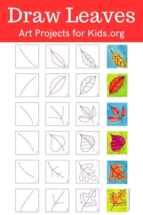 Learn how to draw Leaves with an easy step-by-step PDF tutorial. #howtodraw #tutorial #drawing #drawingtutorial #arttutorial #artprojectsforkids #howtodrawforkids #leaves #leafdrawing Preschool Step By Step Drawing, How To Draw A Leaf Easy Fall Leaves, Autumn Art 1st Grade, Doodle How To Draw, Fall Leaves Drawing Step By Step, How To Draw Fall Leaves Step By Step, Drawing Leaves Easy, How To Draw A Fall Leaf, Autumn Painting Ideas Easy For Kids