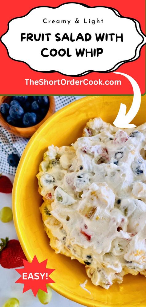 Bowl filled with fresh cut fruit & Cool Whip dairy topping. Fruit Salad Cool Whip, Recipes With Canned Fruit, Fruit Salad With Cool Whip, Fruit Salad With Cream, Tropical Fruit Salad Recipe, Frozen Fruit Salads, Christmas Fruit Salad, Fruit Salad Ingredients, Cheesecake Fruit Salad