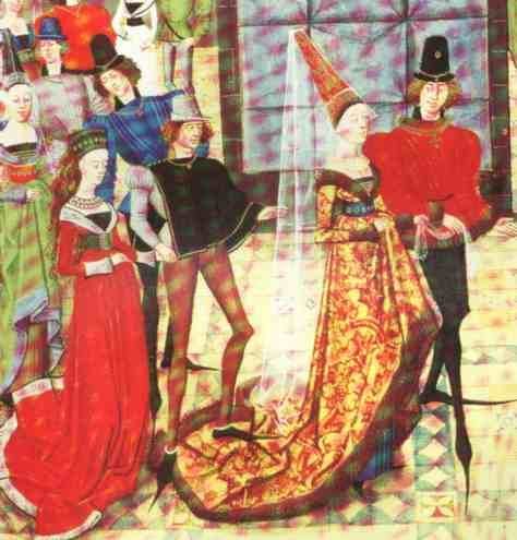 The Sugarloaf Hat, named for its resemblance to the way sugar was produced and sold, was usually worn centered on top of the head. Hats were typically made of fabric, straw, or fur. 15th Century Clothing, Medieval Woman, Medieval Tapestry, Late Middle Ages, Medieval Life, Medieval Costume, Medieval Manuscript, Medieval Period, Century Clothing