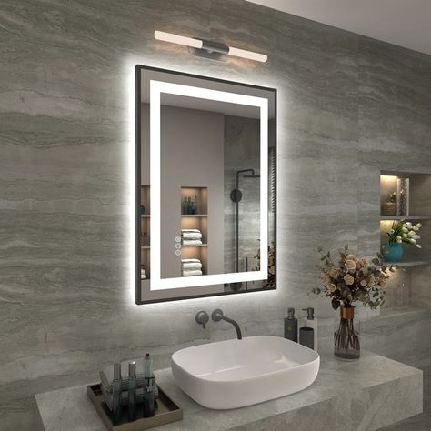 Ivy Bronx Losino Matte Black Framed Front & Back LED Lighted Anti-fog Tempered Glass Bathroom / Vanity Mirror & Reviews | Wayfair Glass Bathroom Vanity, Silver Bathroom, Primary Bath, Free Mirror, Wall Bathroom, Led Mirror Bathroom, Mirror Wall Bathroom, Glass Bathroom, Wall Mounted Vanity