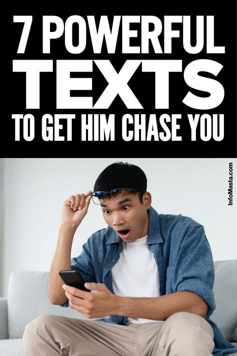 Drive him wild with desire and make him chase you using these 7 seductive text messages. Watch as he becomes more attentive, affectionate, and eager to please you. Are You Mad At Me Text, How To Make Him Chase You Over Text, How To Make Him Jealous, What To Text Him, Texting Tips, Flirty Quotes For Her, Relationship Stages, Relationship Meaning, Make Him Chase You