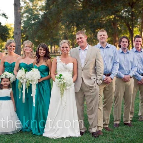 I LOVE these colors!  The mermaid/teal/turquoise color of the dresses and the laid back khaki for the men.  Such a nice combination.  Add in maybe some coral-ish pink and you're all set. Cute Bridesmaid Dresses, Wedding App, Teal Bridesmaid, Wedding Swag, Teal Bridesmaid Dresses, Gorgeous Bridesmaid Dresses, Bridesmaid Colors, Mismatched Bridesmaids, Wedding Help