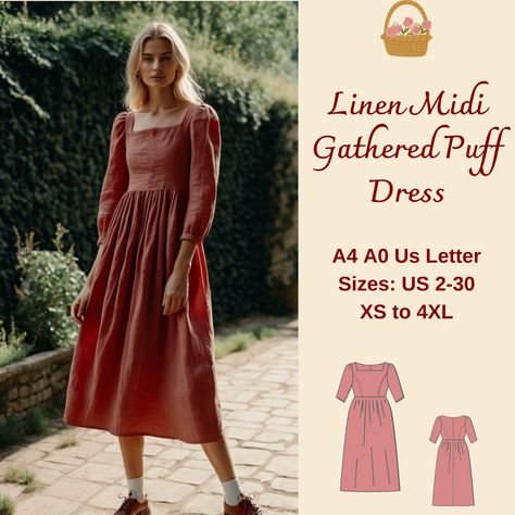 Cottagecore Gathered Midi Linen Dress Sewing Pattern: Available as an instant download (pdf) sewing pattern bundle with a range of size options: US Sizes: 2, 4, 6, 8, 10, 12, 14, 16, 18, 20, 22, 24, 26, 28, 30 Standard Sizes: XS, S, M, L, XL, 2XL, 3XL, 4XL These patterns are suitable for A4, A0, and US Letter size papers. As soon as your payment is processed, you will automatically receive download links for the pattern files. This is a digital product and not a finished item. You will receive z Cottage Core Sewing Patterns Free, Linen Dress Sewing, Cottagecore Dress Pattern, Midi Dress Sewing Pattern, Pattern Puff Sleeve, Vintage Dress Pattern, Homemade Dress, Sewing Business, Couture Mode