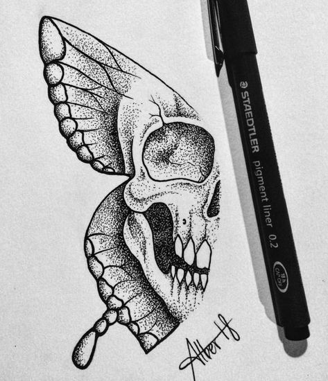 Skull On Butterfly Wing Puntillismo Dibujo Ideas, Tattoo Sketches Unique, Dotwork Drawing, Stippling Drawing, Tattoo Dotwork, Creative Tattoo, Stippling Art, Skull Art Drawing, Tattoo Zeichnungen