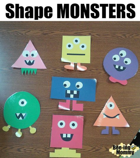 Shape monsters for a monster themed bulletin board or teaching shapes to students Shape Board Preschool, Colors And Shapes Bulletin Board Ideas, Shapes Board Ideas, Shapes Theme Board Preschool, Shapes Project For Kids, Shape Crafts Preschool, Shape Crafts For Preschoolers, Shape Crafts For Toddlers, Theme Classroom Ideas