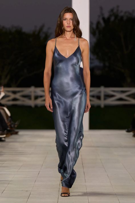 Ralph Lauren Spring 2025 Ready-to-Wear Collection | Vogue Ralph Lauren Runway, Blue Slip Dress, Slinky Dress, Column Skirt, Ralph Lauren Collection, Spring Looks, Runway Fashion, Spring Fashion, Fashion Show