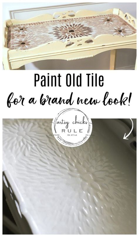 This old thrift store table had a dated tiled top! SO simply updated by painting!! The painted tiles look amazing now! artsychicksrule.com #paintedtile #paintingtiles #chalkpaintedfurniture #paintedfurniture #whitefurniture Can You Paint Tile, Thrifted Table, Repurposed Decor, Tile Furniture, Tiled Coffee Table, Painted Tiles, Painted Tile, Tile Table, Furniture Flips