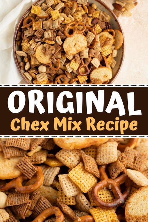 Serve this original Chex Mix recipe at your next party, and everyone will love it! With just 5 ingredients and 15 minutes, you'll have this famous snack ready to go. Original Party Mix Recipe, Crockpot Check Mix Easy Recipes, Chex Mix Crockpot, Original Chex Party Mix Recipe, Chex Mix Recipes Easy, Chex Mix Recipes Original Traditional, Original Chex Mix Recipes, Original Chex Mix Recipe, Original Chex Mix