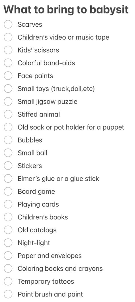 What’s In My Babysitting Bag, Babysitter Activities Things To Do, Things To Put In Your Babysitting Bag, Cute Babysitting Business Names, Things To Bring To Babysitting, What To Do With Kids When Babysitting, What To Pack In A Babysitting Bag, What To Bring For Babysitting, First Time Babysitting Tips