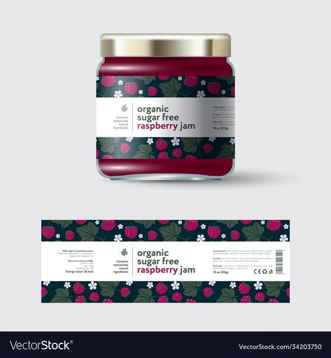 Jam raspberry label and packaging jar with cap vector image Fruit Juice Packaging, Jam Packaging, Jam Label, Beauty Salon Business Cards, Jar Packaging, Juice Packaging, Salon Business Cards, Templates Free Design, Organic Sugar