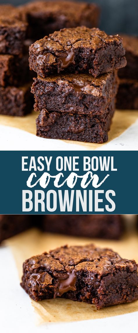 Easy One Bowl Fudgy Cocoa Brownies Cacao Brownies, Brownie Recipe With Cocoa, Brownies Decorados, One Bowl Brownies, The Best Brownies, Cocoa Brownies, Fudgy Brownie Recipe, Best Brownie Recipe, Brownies Recipe Homemade