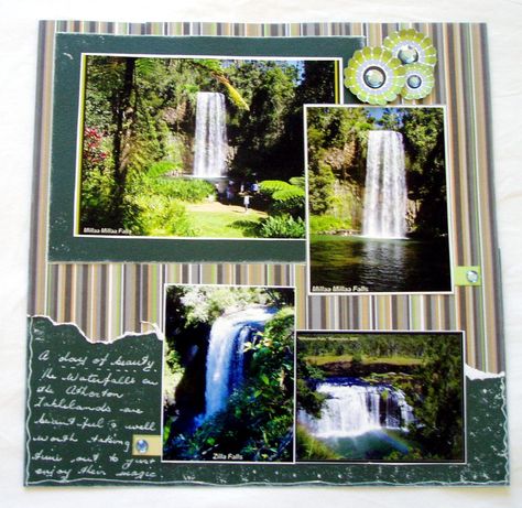 Waterfall Scrapbook Layout, Waterfall Scrapbook, Outdoors Scrapbook Layouts, Book Sketches, Fall Scrapbook Layouts, Scrapbooking Layouts Travel, Travel Scrapbook Pages, Beautiful Scrapbook Layouts, Waterfall Photo