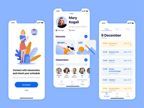 Mobile app for an University by Oksana Pshenyak Mobile Chat App, Student Apps, App User Interface, Dashboard Mobile, Scheduling App, App Interface Design, App Design Inspiration, Mobile App Ui, App Interface