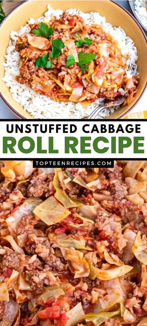 We all want to eat delicious food but let’s face it. We don’t always have the time to make very elaborate recipes. Stuffed cabbage rolls are unique dishes that take a long time to complete. If you love this dish as much as I do, unstuffed cabbage rolls will change the way you make it forever. Unstuffed Cabbage Recipes, Unstuffed Cabbage Casserole, Cabbage Ground Beef, Cabbage Roll Recipe, Unstuffed Cabbage Rolls, Beef Casseroles, Cabbage Roll Casserole, Unique Dishes, Stuffed Cabbage Rolls